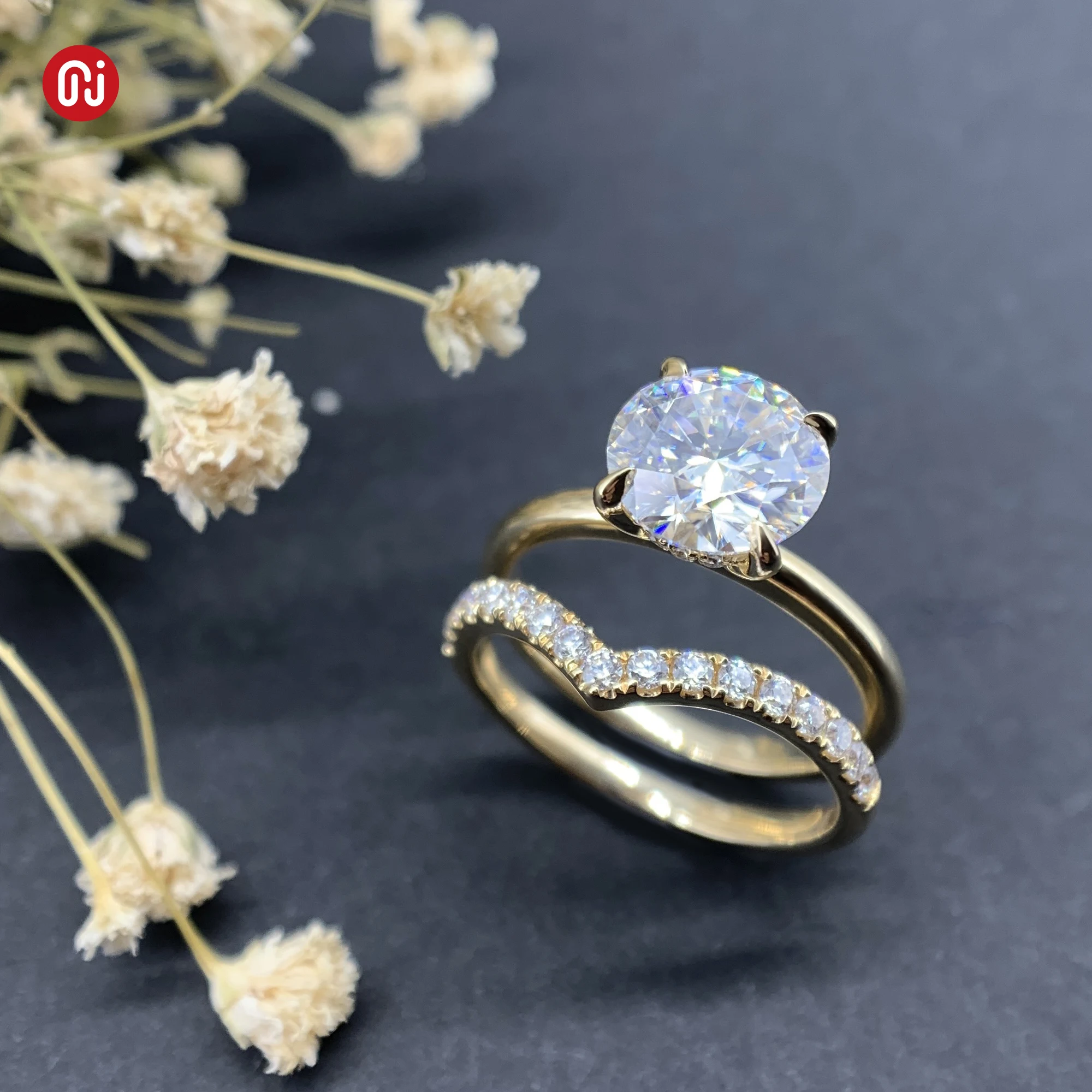 GIGAJEWE 2.5ct D color 8mm Round Cut Moissanite 9K/14K/18K Yellow Gold Two settings , Moissanite Band, Engagement Ring