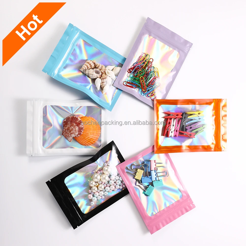 100pcs Custom Logo Small Resealable Packaging Holographic Bopp Packaging Ziplock Bag With Zipper