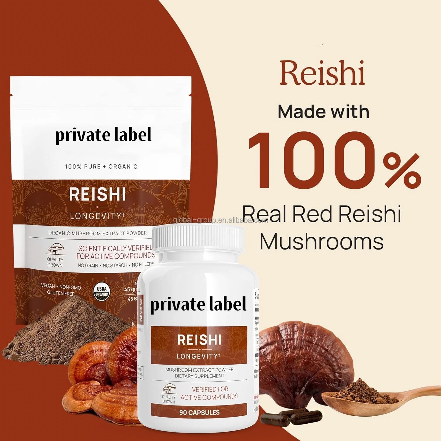 Private label herbal supplement organic reishi mushroom extract powder sleep support reishi mushroom capsules