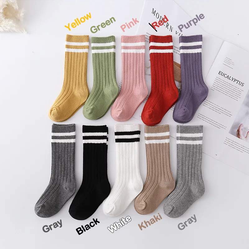 
Bonypony Children Classic Basic School Uniform Long Socks Single Color Combed Cotton Boys Girls Kids Rib Striped Knee High Socks 