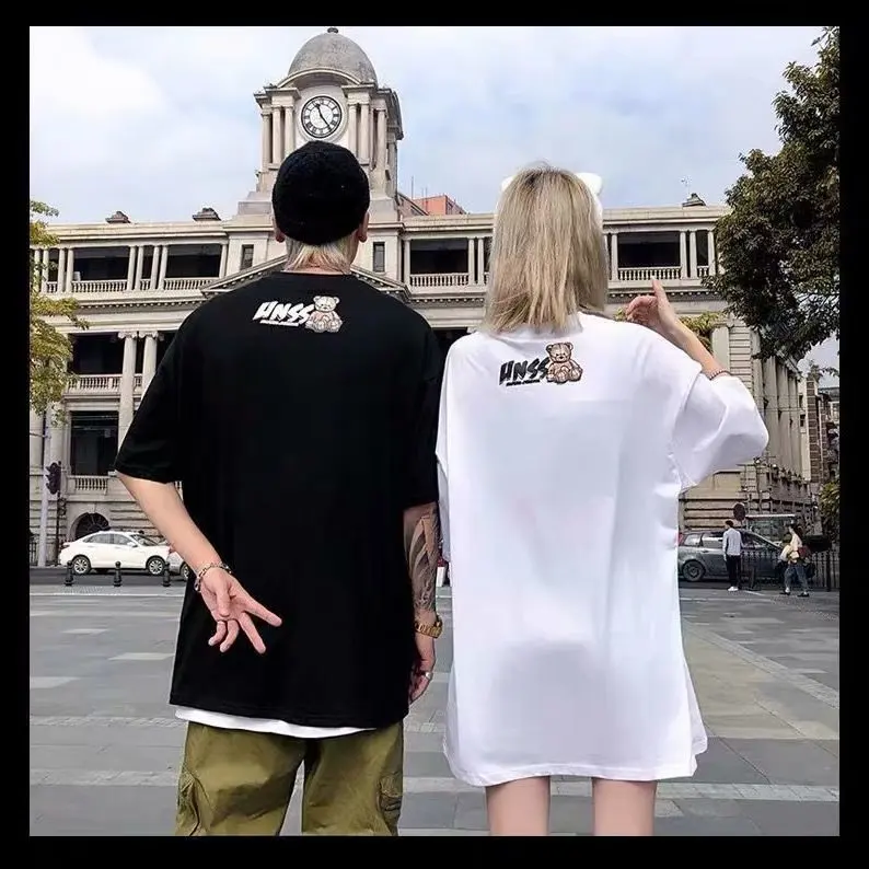 Loose Custom Couple shirt Short Sleeves Print Trend Cartoon Summer OEM Streetwear Fashion T Shirts Casual  Printing Bear t shirt