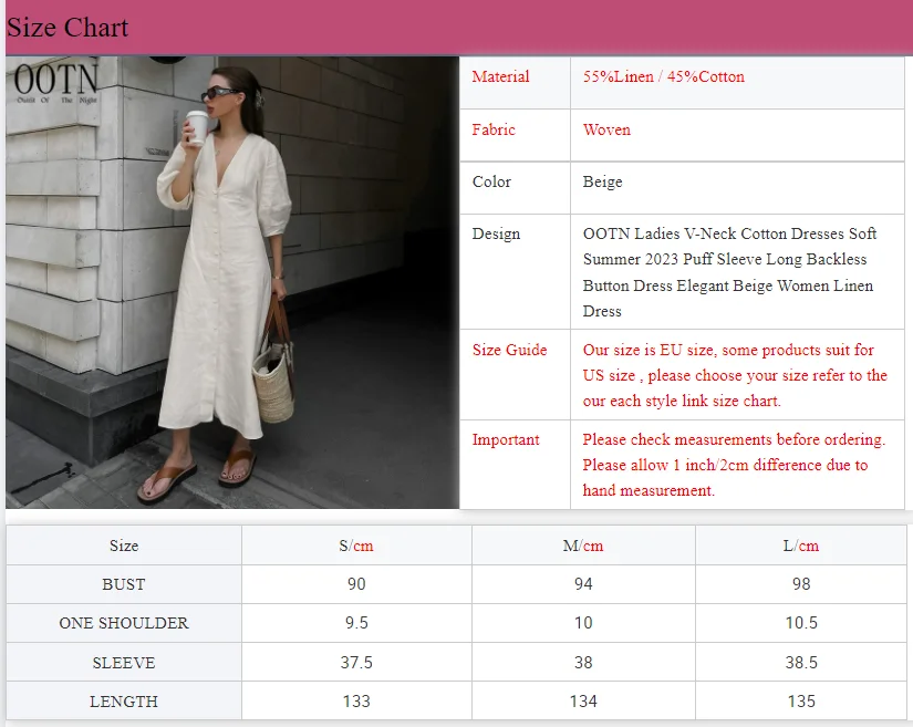 OOTN Ladies V-Neck Cotton Dresses Soft Summer 2023 Puff Sleeve Long Backless Button Dress Elegant Beige Women Linen Dress