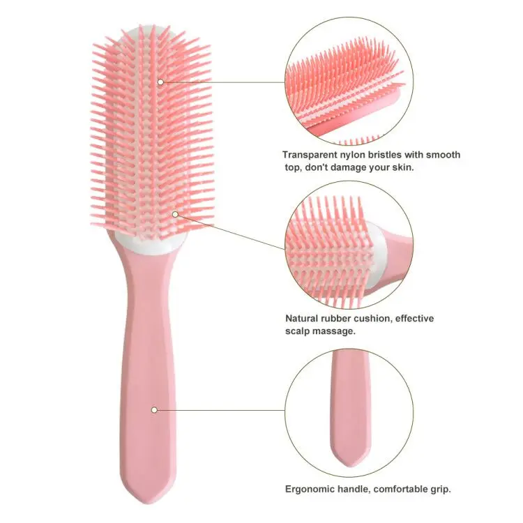 Wholesale Plastic Custom Salon Care Simple Big Strong Bristles Pink Denman Hair Brush 9 rows Ingrown Hair Brush For Girls