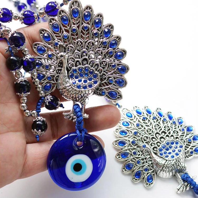 Blue Eyes Metal Peacocks Pendant Abstract Home Decor Talisman to Ward off Evil & Bring Good Luck Car Hanging & Wall Deco