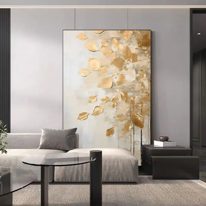 100% Hand-Painted Modern Canvas Large Modern Textured Artwork Gold Foil Leaves Pattern Original acrylic abstract oil painting