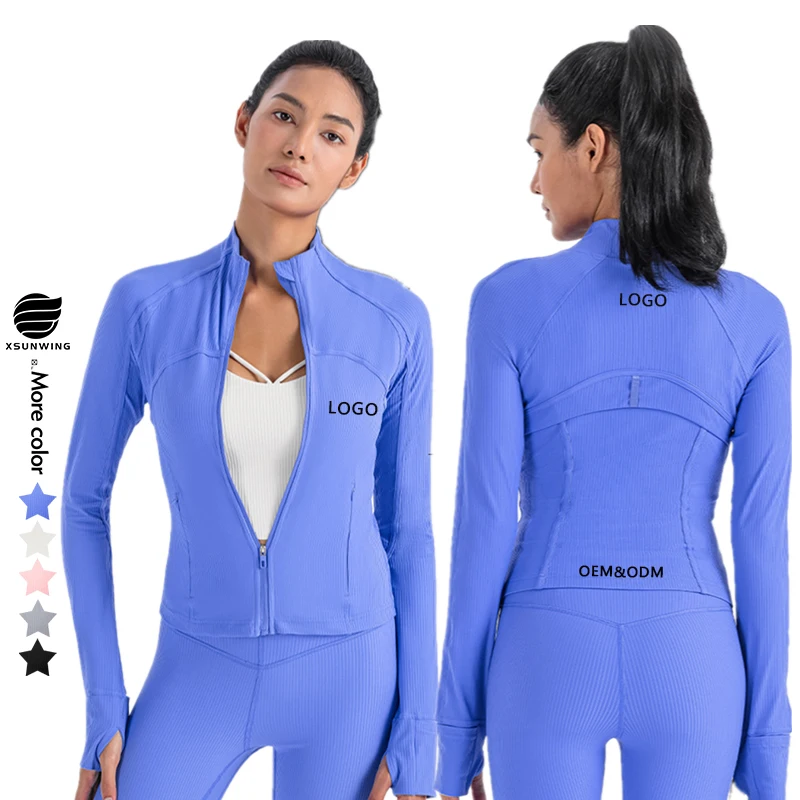Xsunwing Sportswear Vertical rib Yoga Wear Womens Gym tops Seamless Long Sleeve Activewear running jackets with pockets WDQ006