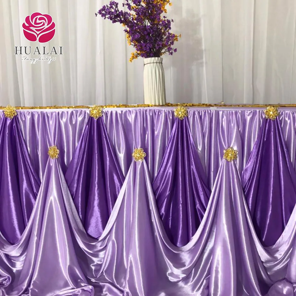 high quality Luxury Fashion Design long table gold pooling icy silk beautiful table skirt skirting for wedding