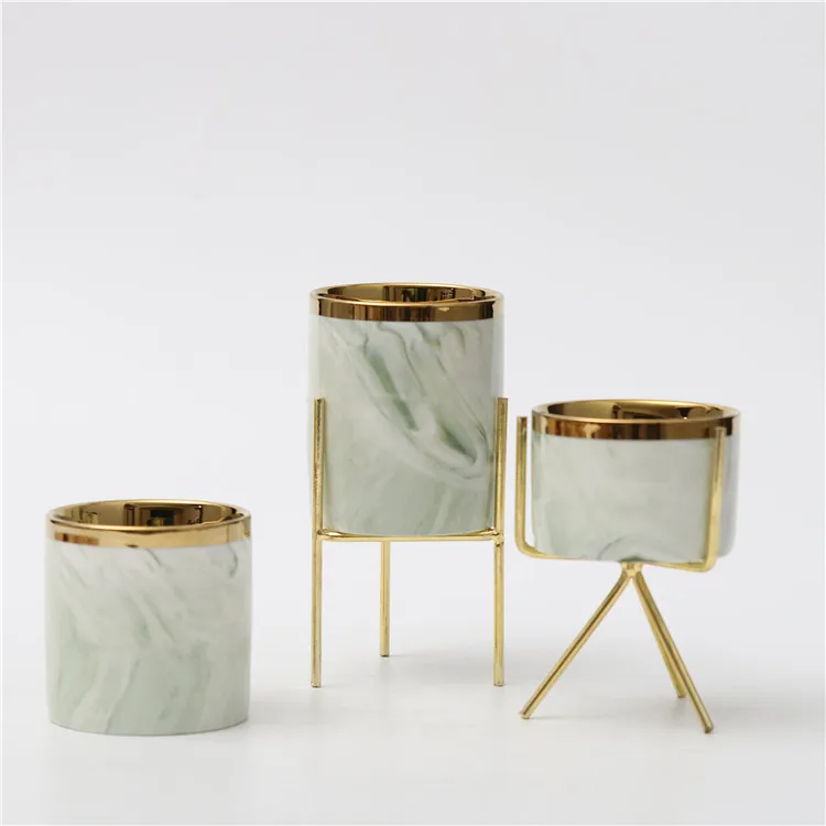 wholesale home decoration pieces cheap marble ceramic succulent pots with gold rack