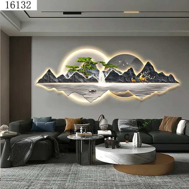 45X120CM Light luxury landscape crystal porcelain modern glass wall paintings with led home decor for living room
