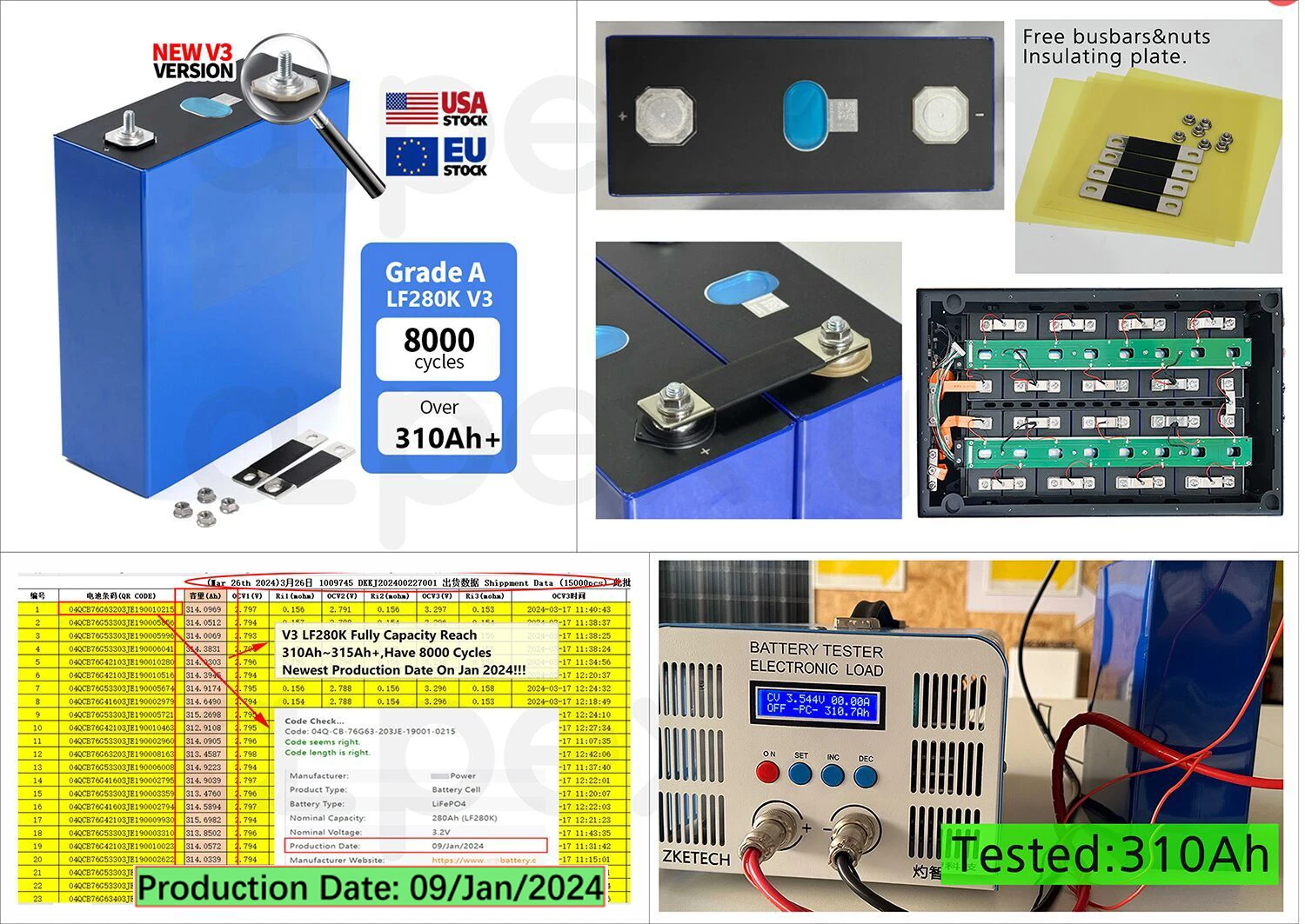 Grade A+ 280Ah 300Ah 310Ah 320Ah Lifepo4 Battery Cell EV Lifepo4 eu us Stock 280Ah Cell LF280K 3.2V Lithium Cell