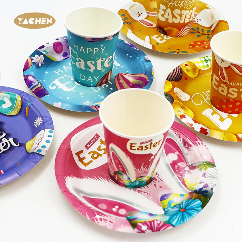 YACHEN 2024 Happy Easter Party Decoration Kids Disposable Tableware 7 9 inch Easter Paper Plates And Cups Set