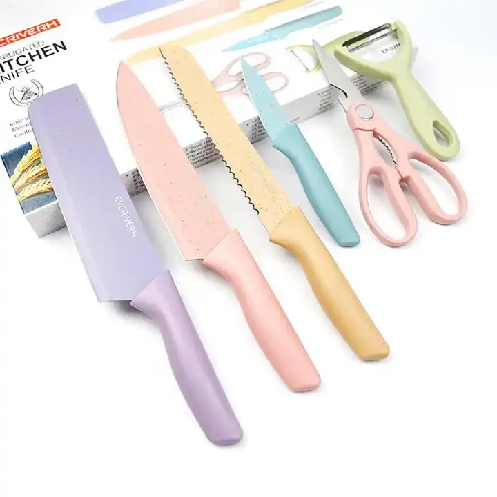 Hot sale kitchen knife set 6PCS Wheat Straw Chef Knife Barbecue Japanese Peeler Steak kitchen knives Set Vegetables