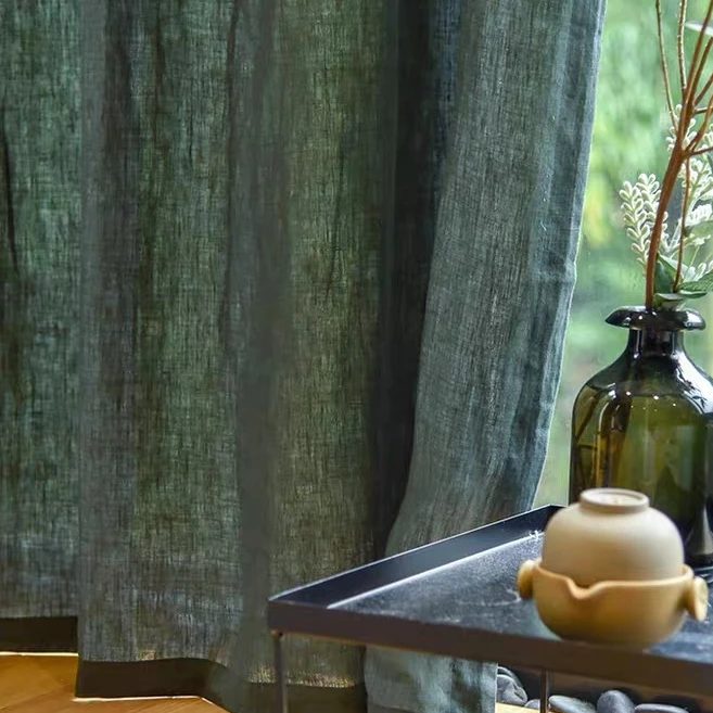 LZ 2021 hot sale linen flax window curtains green grey fabric linen curtains