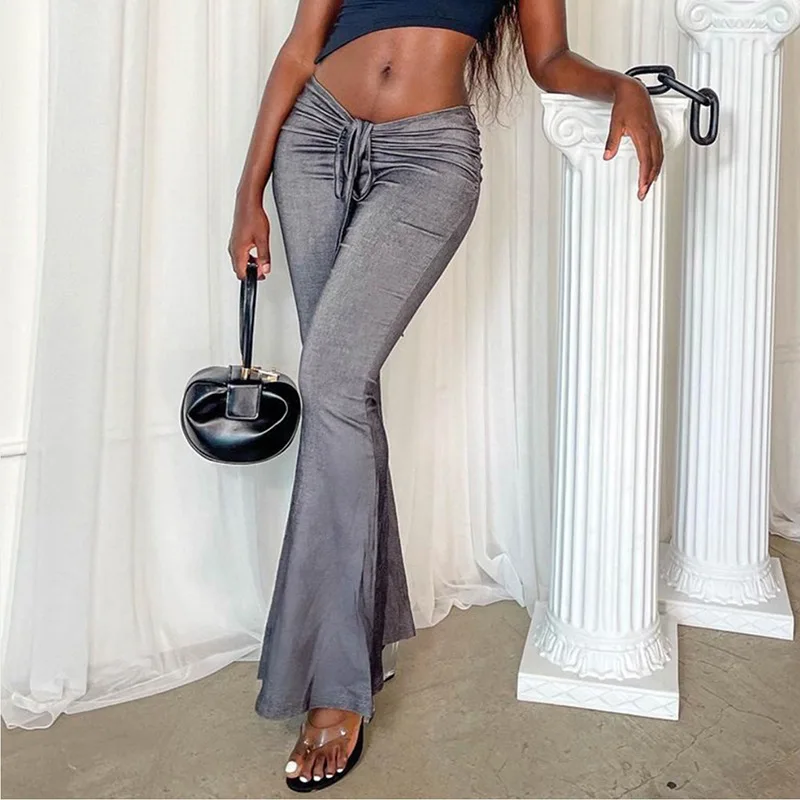 Fashion trend trouser women plus size sexy drawstring solid color slim fit flare pants