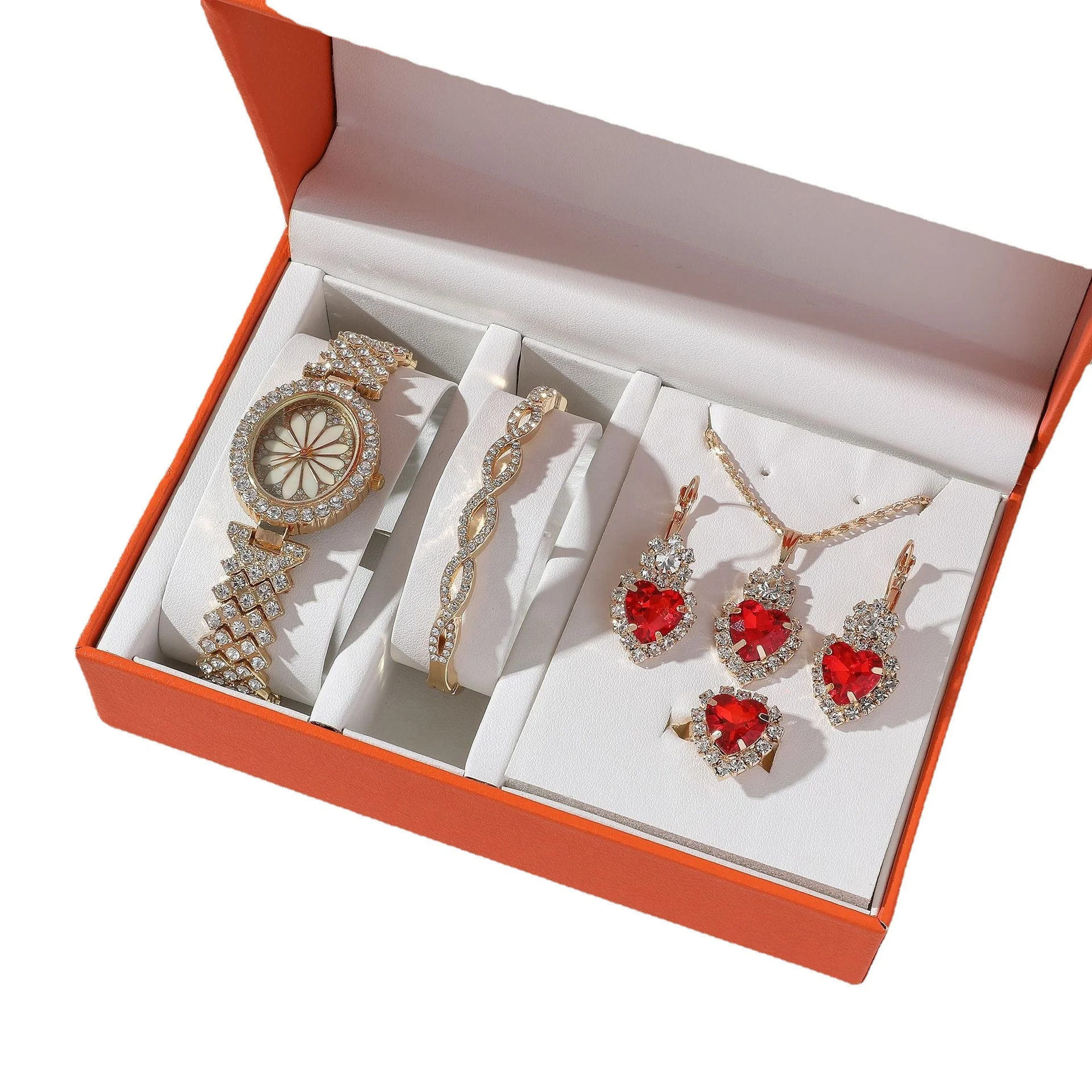 Luxury Lady Gift Diamond-encrusted Daisy Watch Diamond-encrusted bracelet ruby necklace ruby earrings ring for woman gift