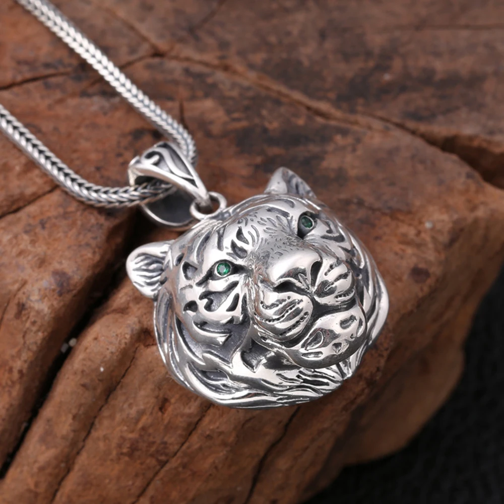 Real Pure Sterling Silver 925 Tiger Pendant For Men Cool Punk Rock Pendants Personalized Viking Jewelry