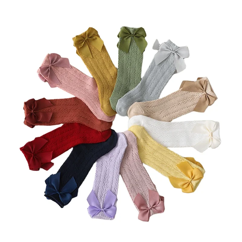 0-7 Years Candy Colors Summer Toddlers Baby Sock Soft Breathable Cotton Hollow Out Kids Girls Knee High Tube Mesh Socks With Bow