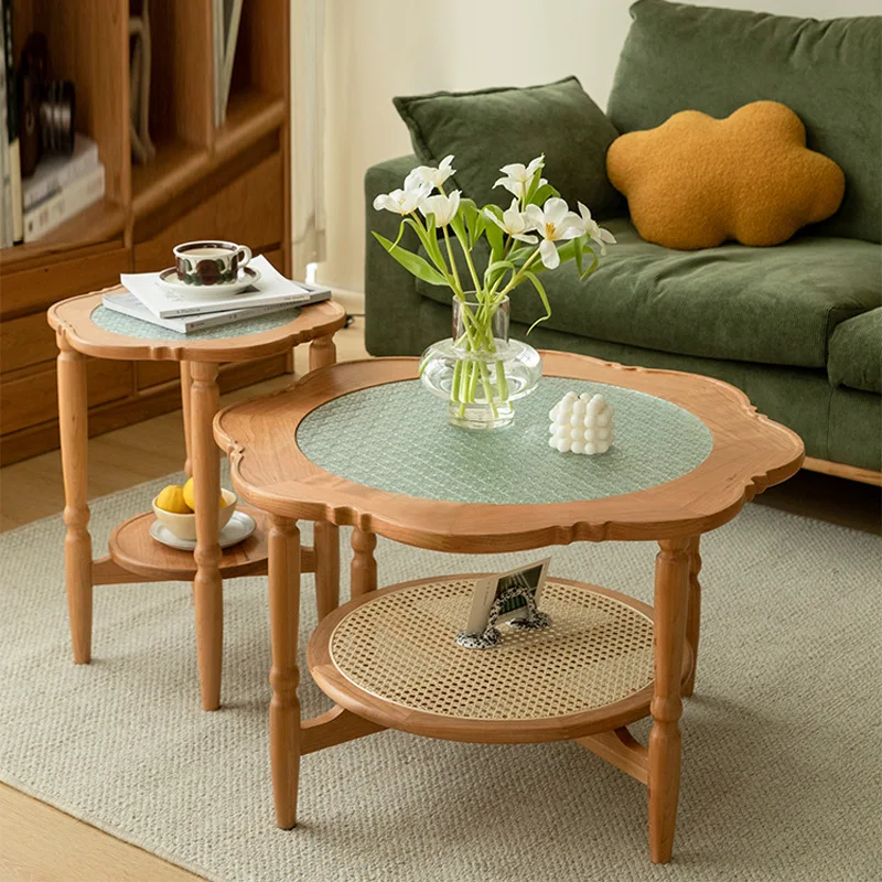 Dreamhause Solid Wood Flower Shape Creative Coffee Table Homestay Apartment Round High Low Tea Table Set Living Room Table Set