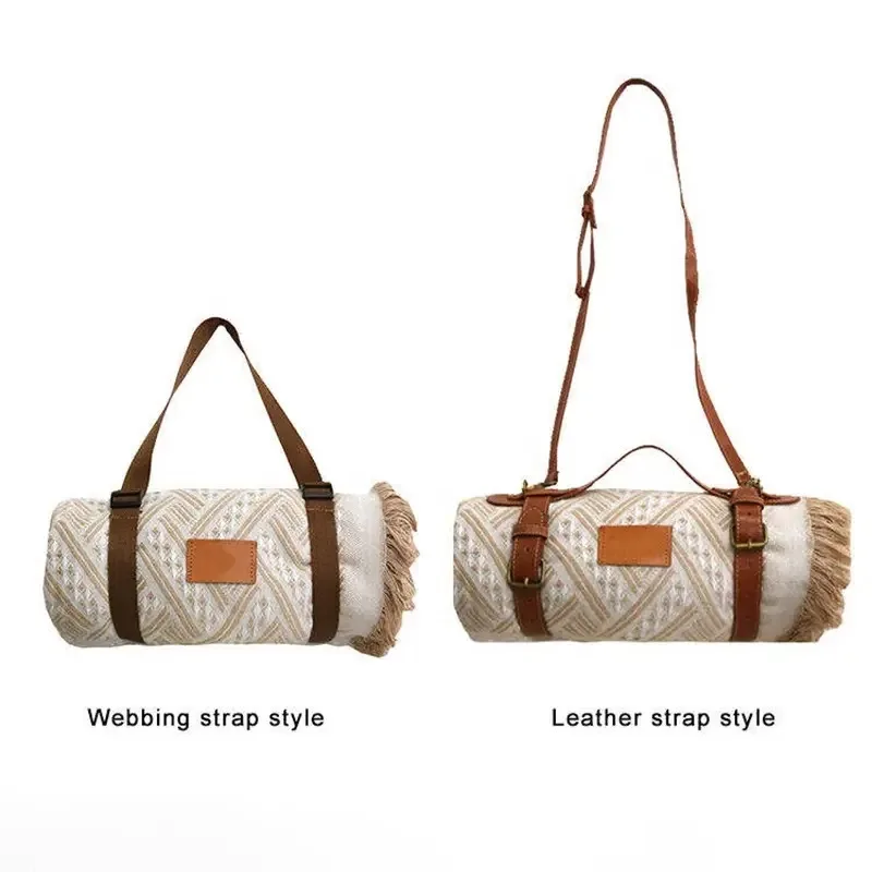 Boho Style Cotton Picnic Rug Waterproof Sand Water Resistant Picnic Mat with Hand Made Tassel Strap