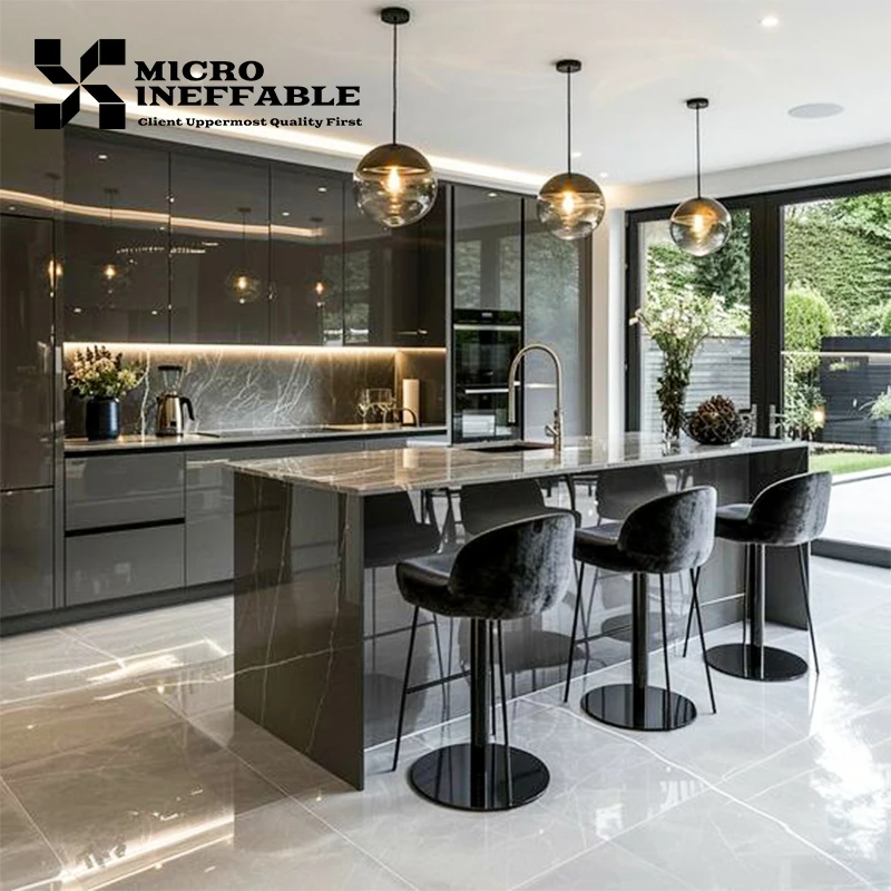 Luxury Design Furniture Cabinets Glossy Brown Wooden Kitchen Modular Cupboards Cabinet Furniture