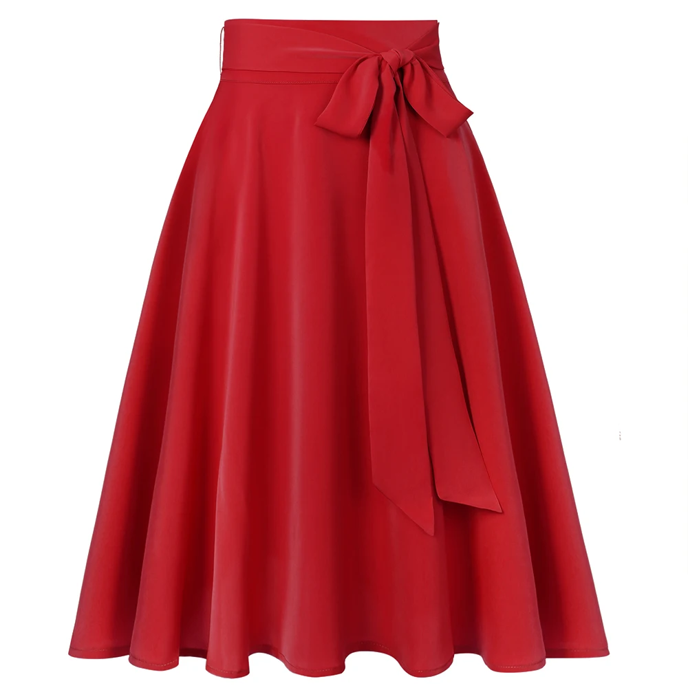 2022 New Midi Length Chiffon Women Skirt with Belt SS0025 Solid Color Black Pink Red Long Swing A Line Skirts Faldas