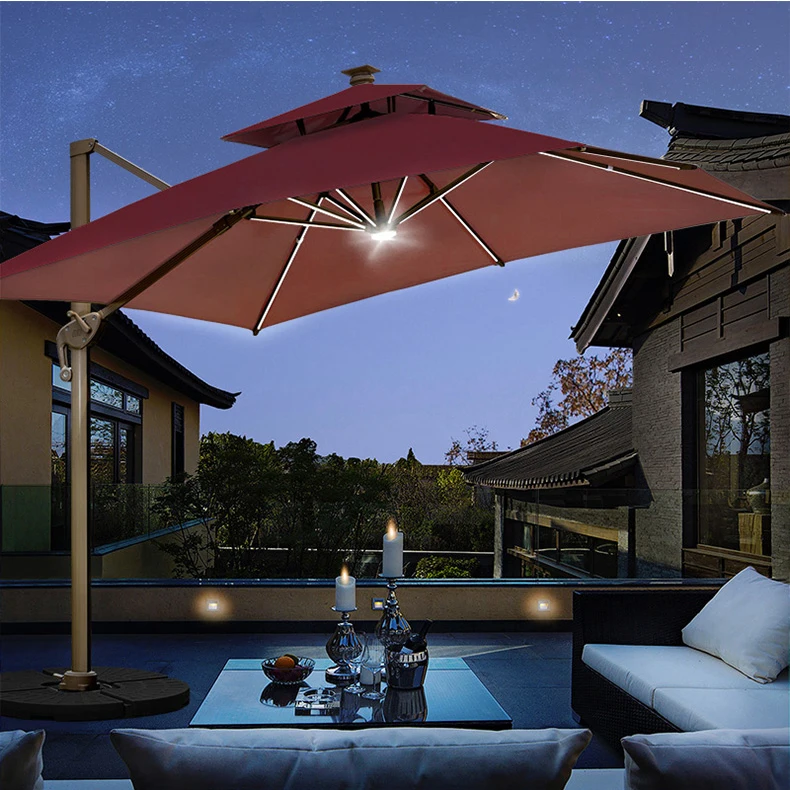 360 Rotate Square 3m 8 Ribs Aluminum Frame Big Patio Parasol With Solar Energy Led Lighting Umbrella