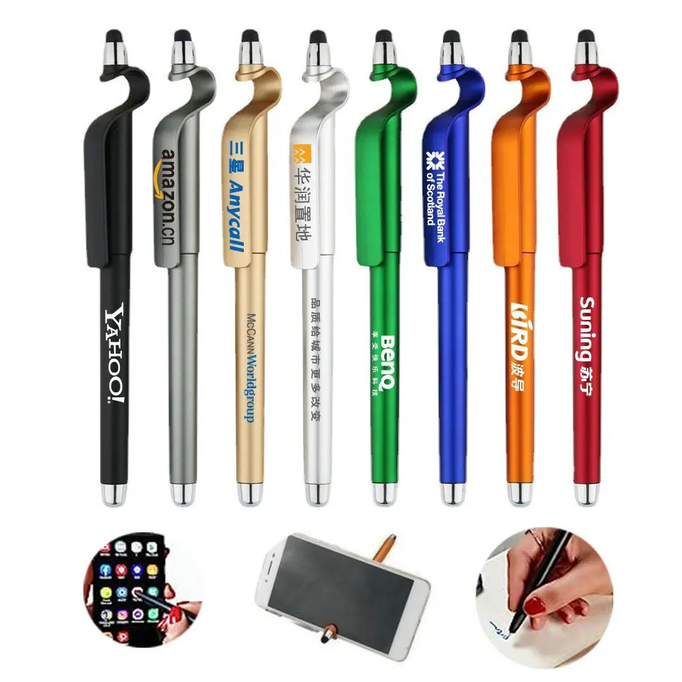 custom logo plastic multi function mobile phone holder active stylus ball pen for touch screen with gel ink