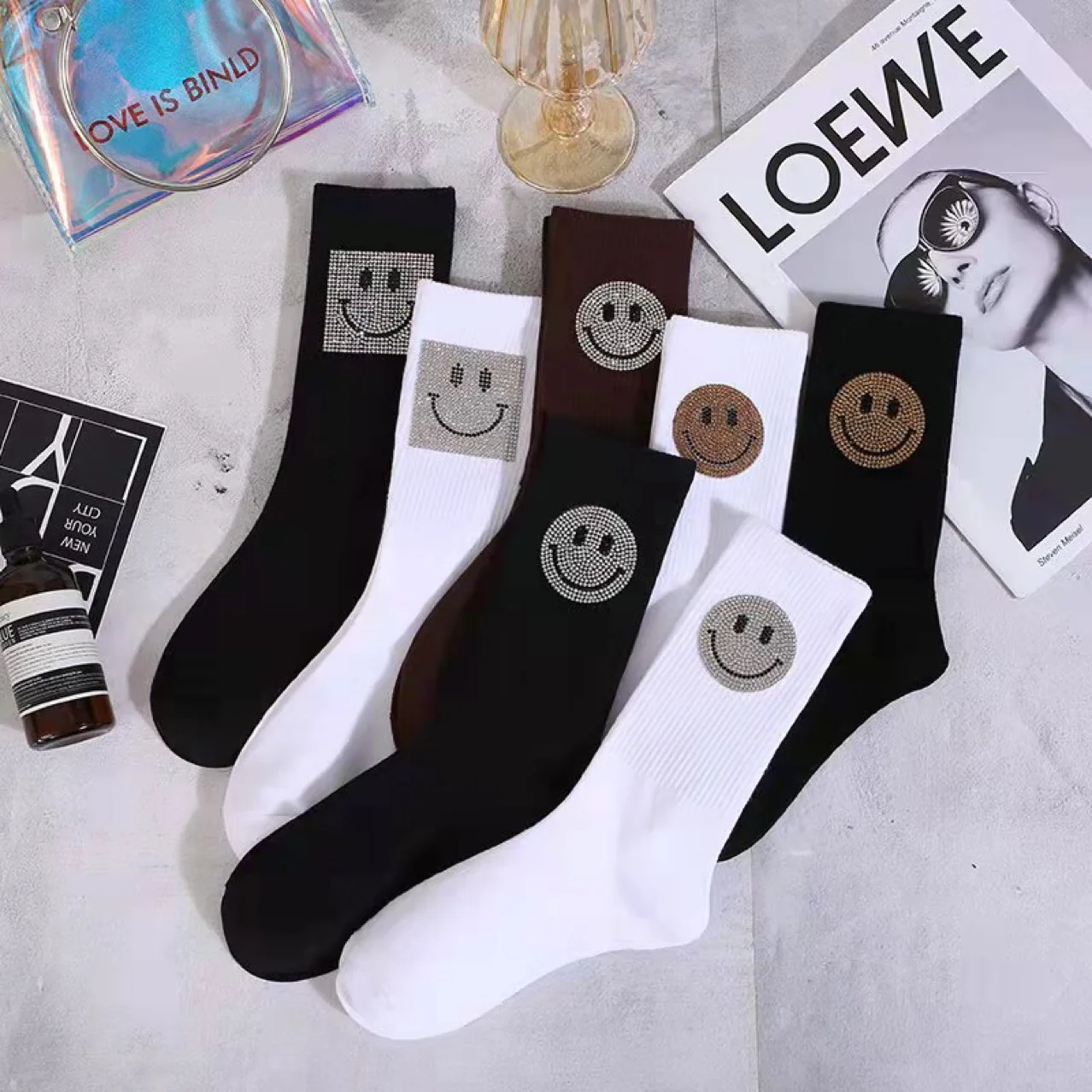 Korea cotton socks hot rhinestone smiling face socks tall tube pile pile socks wholesale