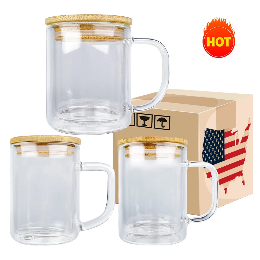 USA Warehouse Clear Sublimation Snow Globe Glass Can Mugs with Lid Custom 15oz Double Walled Glass Coffee Cup Mug with Handle