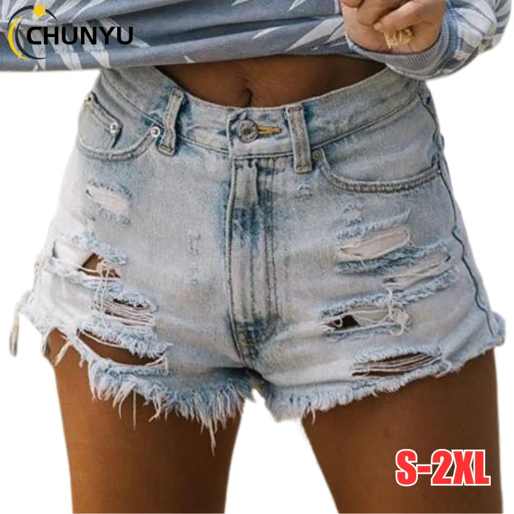 2024 Summer Fashion Sexy High Waisted Pierced Tassel Ripped Denim Shorts For Women Light Blue Hot Jeans Pants