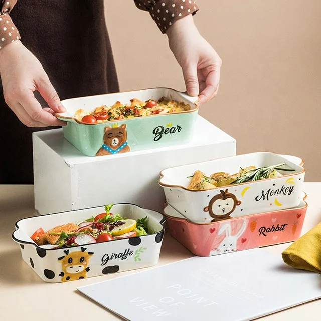 Household Cartoon Kitchen Plate Cheese Baking Dish With Double Ear Ceramic Baking Tray