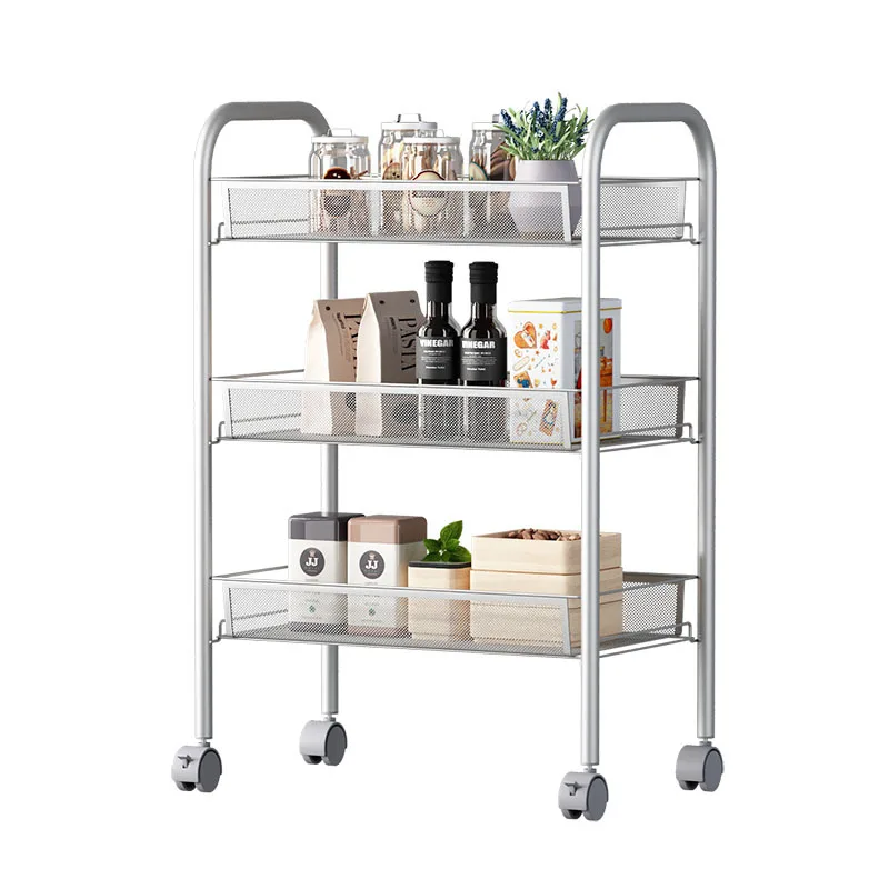 3 Tier Car of Square Rolling Utility , Metal Trolley Cart with Wheels, Easy Assembly Organizer Storage Cart