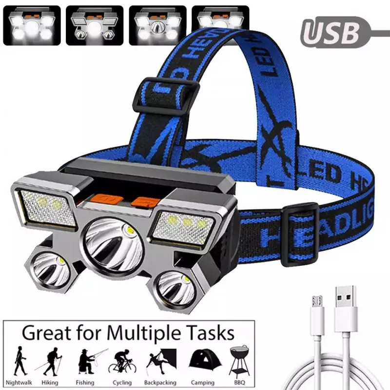 2024 New Strong Head Lamp Led Five Aircraft Lights Usb Charging Headlight Small Outdoor Mining Headlight