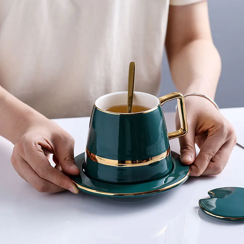 Arabic Luxury Style Gold Rimmed Green Handmade Ceramic Cups And Saucer,Porcelain Coffee Cup Set