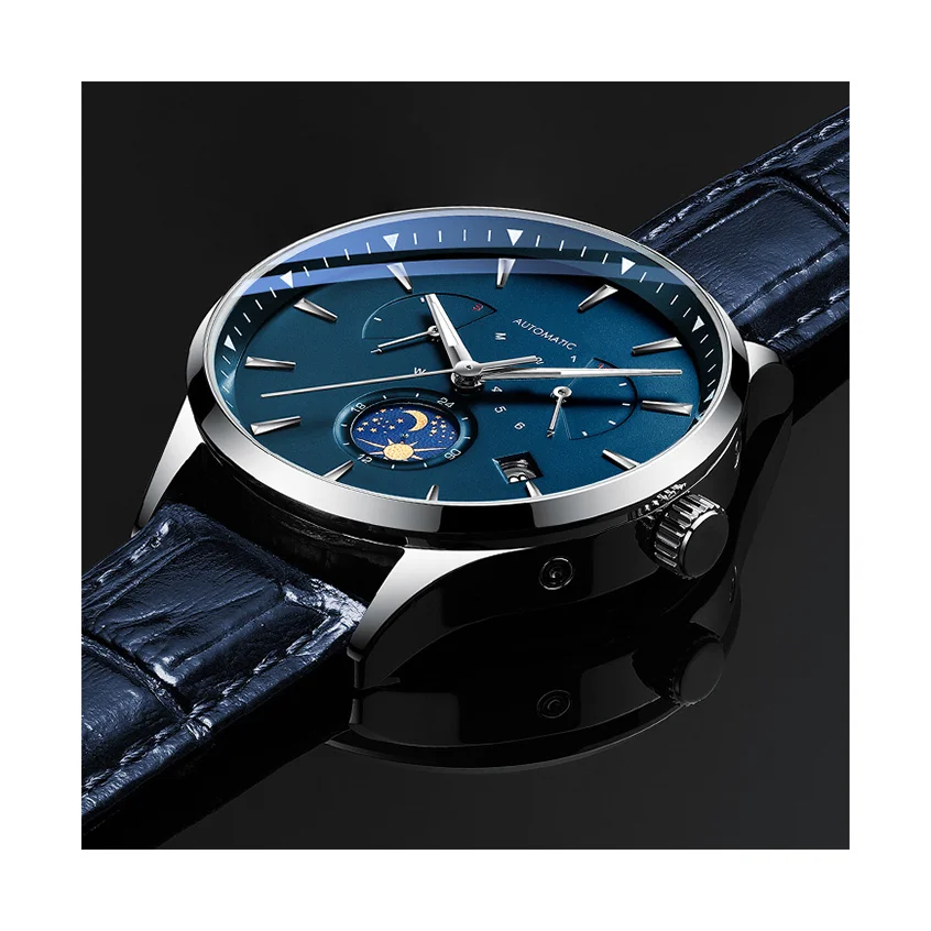 Custom stainless steel case calendar 24 hour show waterproof men automatic mechanical wristwatch