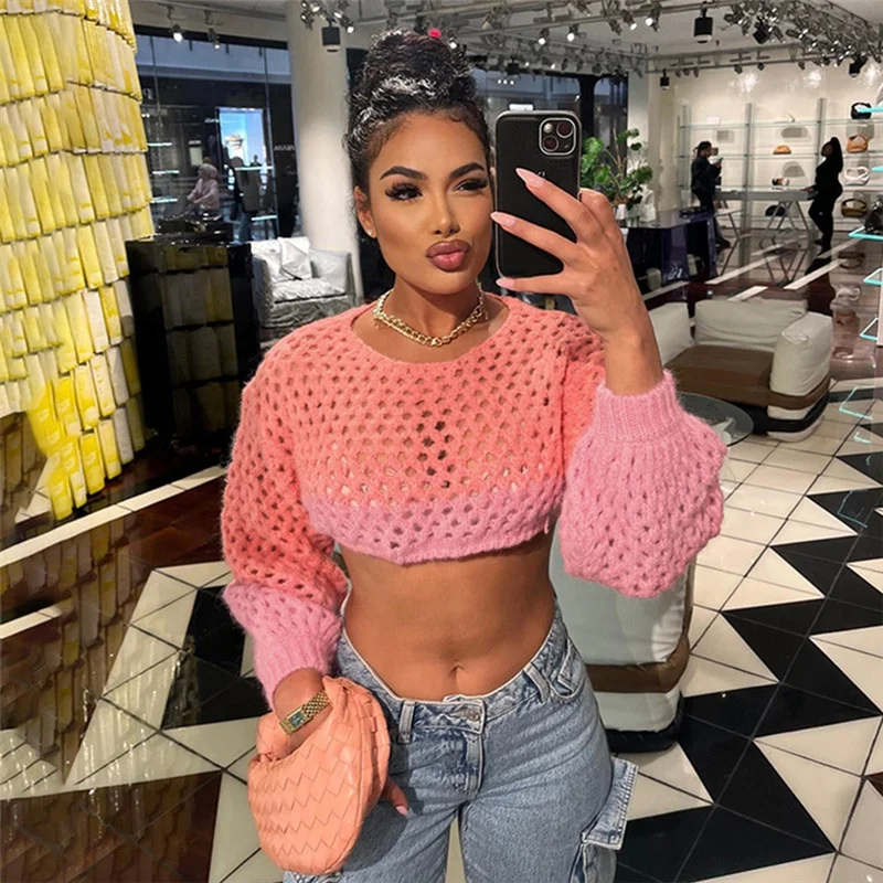 Pink Round Neck Long Sleeve Knit Crop Sweater Women Drop Shoulder Sexy See Through Spring Summer Knitting Pullover Top