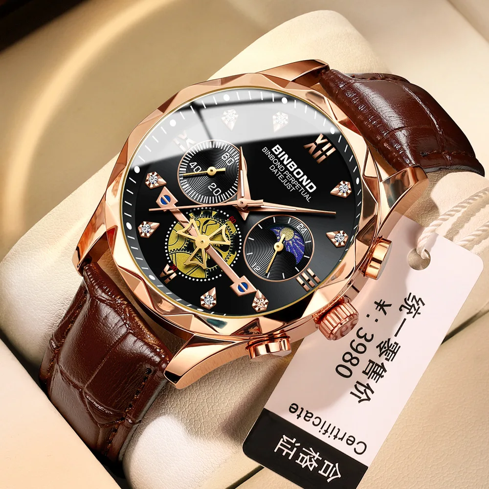BINBOND B1236 Mens Wristwatches Top Brand Luxury Tourbillon Quartz Watch for Men Sport Leather Strap Waterproof Clock Relogio