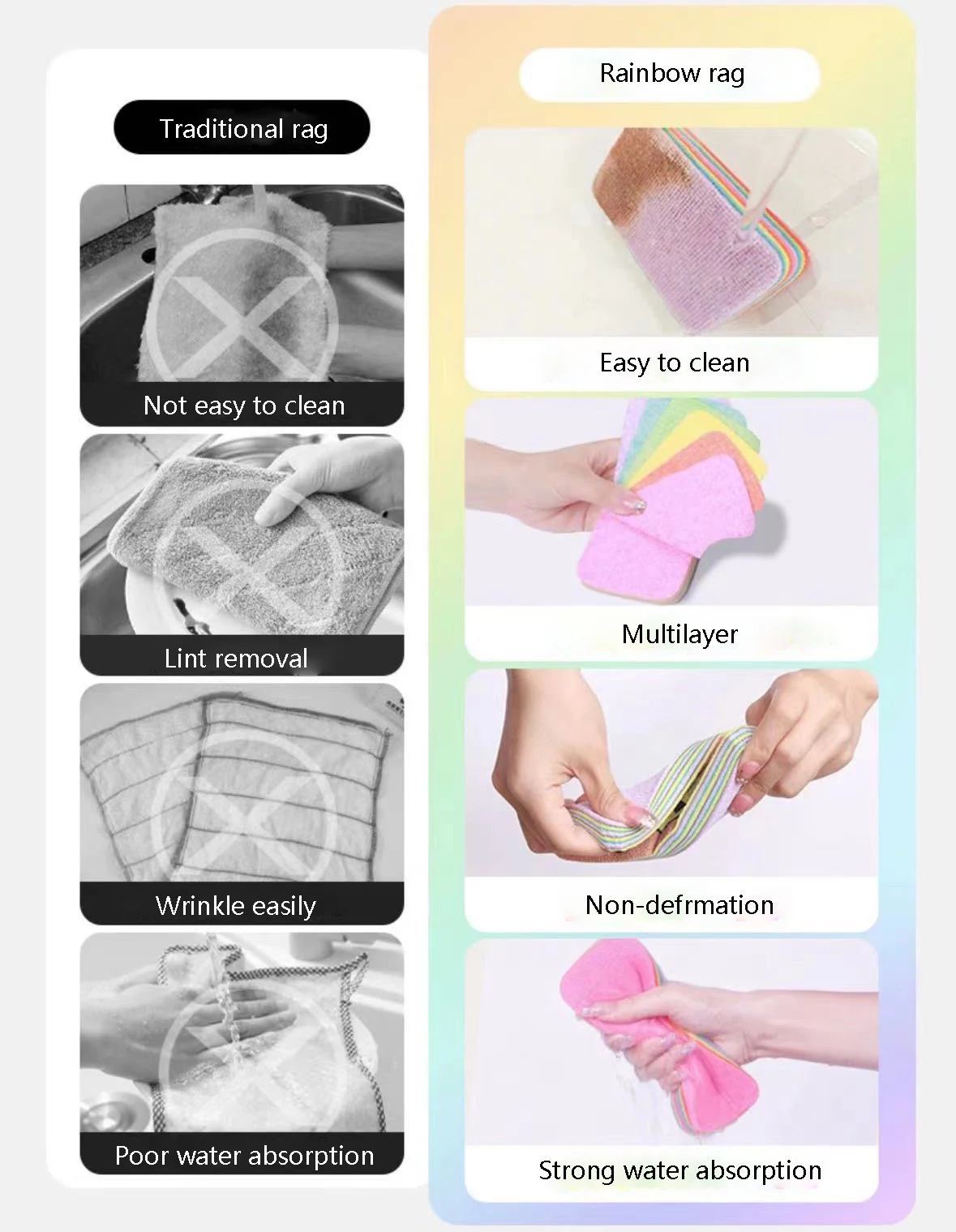 Kitchen Replaceable Rainbow Microfiber Cleaning Rug Multi-purpose Soft 12 Layers Rags Cloths dust remover bath pva magic sponge