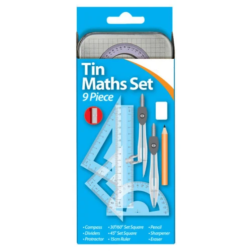 9 Piece Maths School Tool Sets with a Metal tin Storage case school compass set geometry