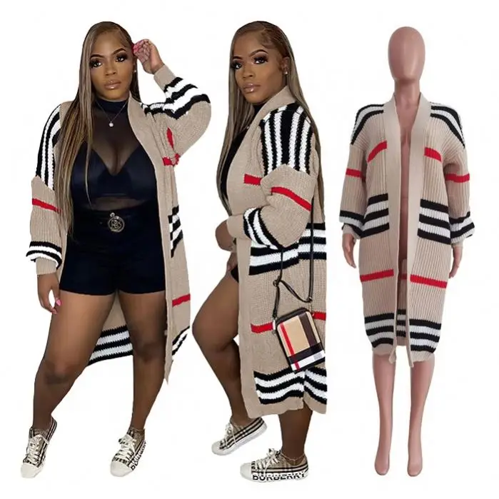 T1225-fall fashion luxury cardigan for women plaid long sweater cardigan women