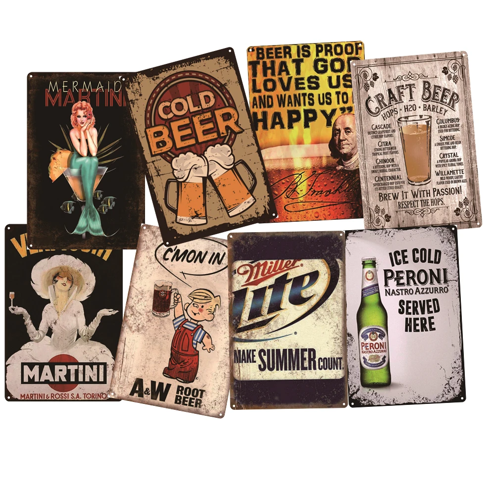 Beer Whiskey Poster Garage Wall Decor Metal Plates Vintage Martini Tin Sign Shelves Industrial Decorative Living Room Signs
