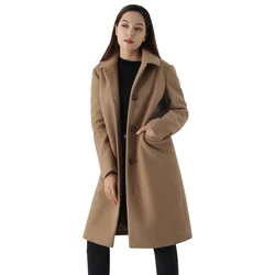 Elegant Women Long Warm Cashmere Coat Outwear Korean Style Single Button Lady Autumn and Winter Brown Woolen Coat For Ladies
