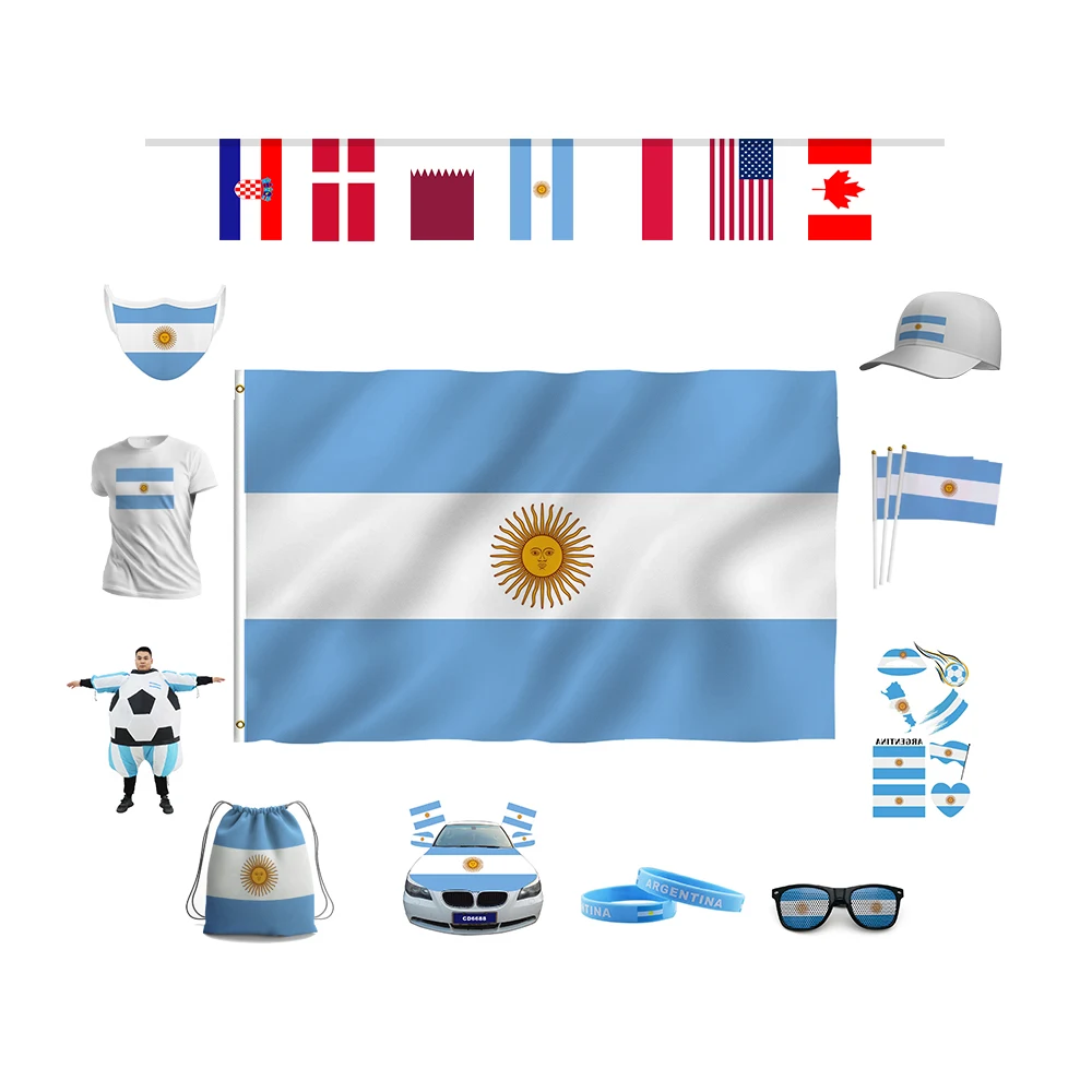 Flagnshow hot selling Argentina soccer fan products custom logo flags cap sunglasses mask for Argentina soccer football fans