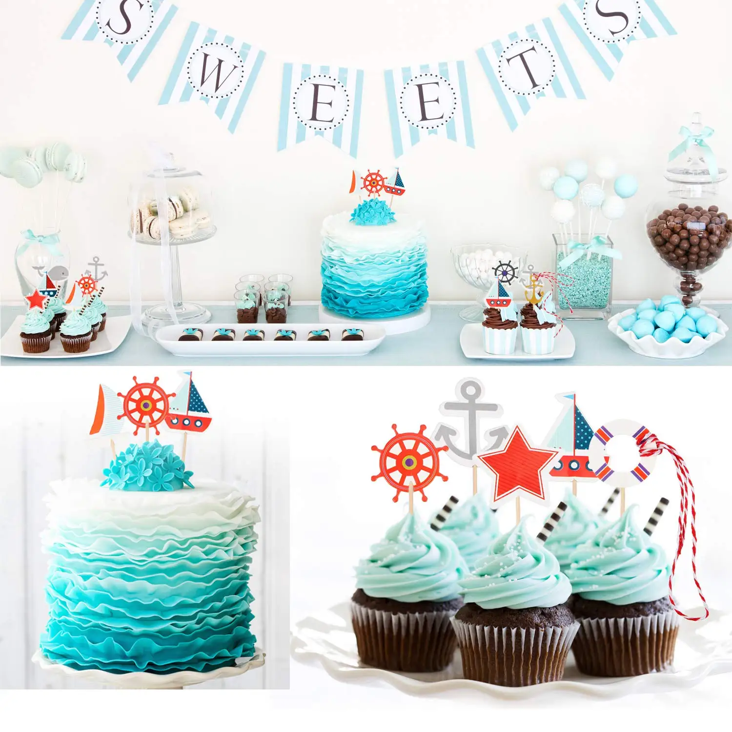 Nautical Cupcake Toppers Ocean Theme Toothpicks Birthday Cake Picks Decorations for Navy Baby Shower Party Favors Supplies