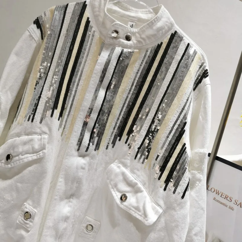 wholesale Sequins oversized Long sleeve drawstring cotton women denim jacket