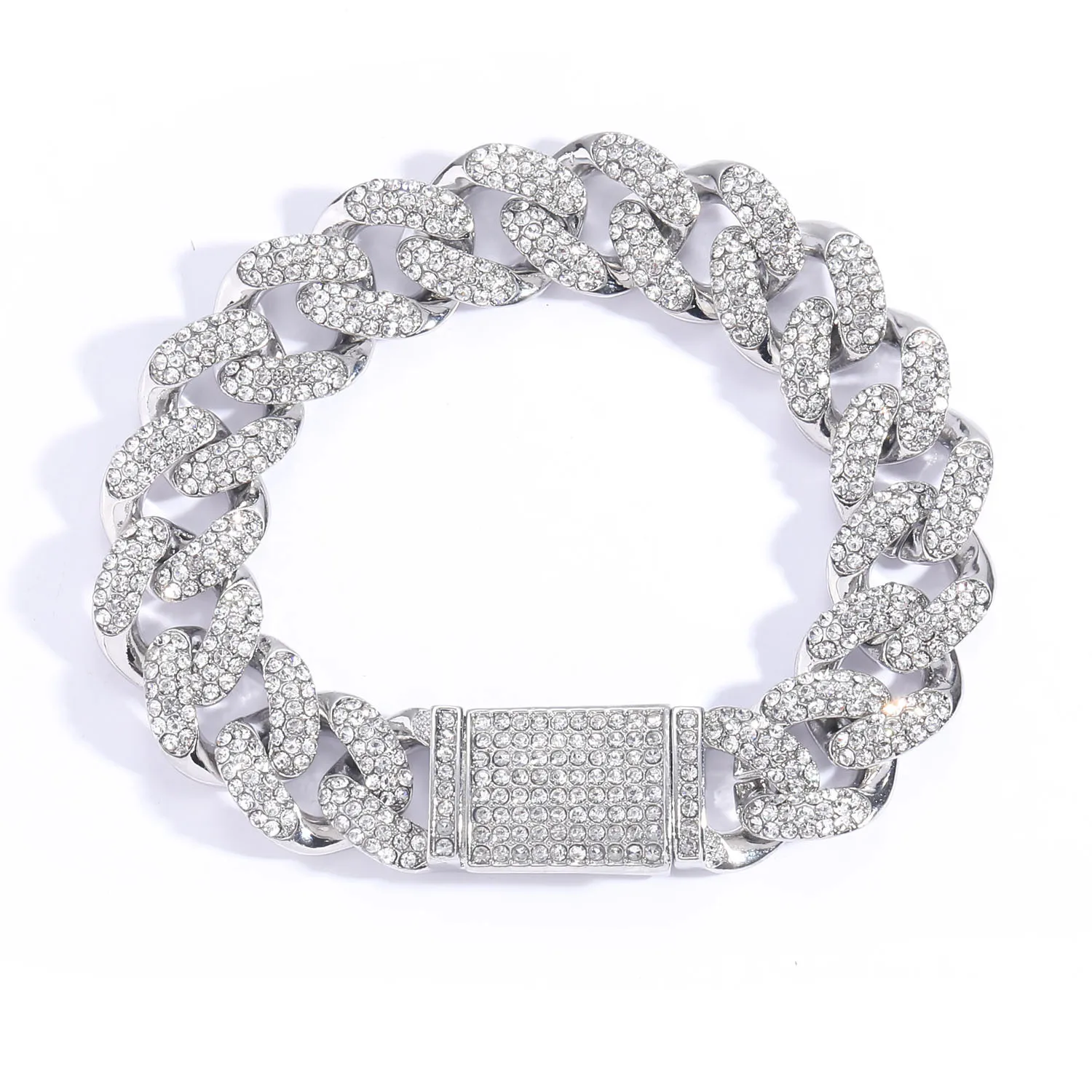 European Fashion Street Rap Jewelry Hip Hop 15mm Real Gold Plated Bling Rhinestone Iced Out Miami Cuban Link Chain Bracelet Men