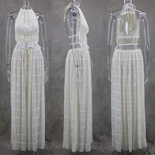 GX005 Fashion Sexy Outfit 2024 Summer Elegant Street Wear Women Halter Backless Lace Top and Maxi Long Cake Skirt 2 Piece Set