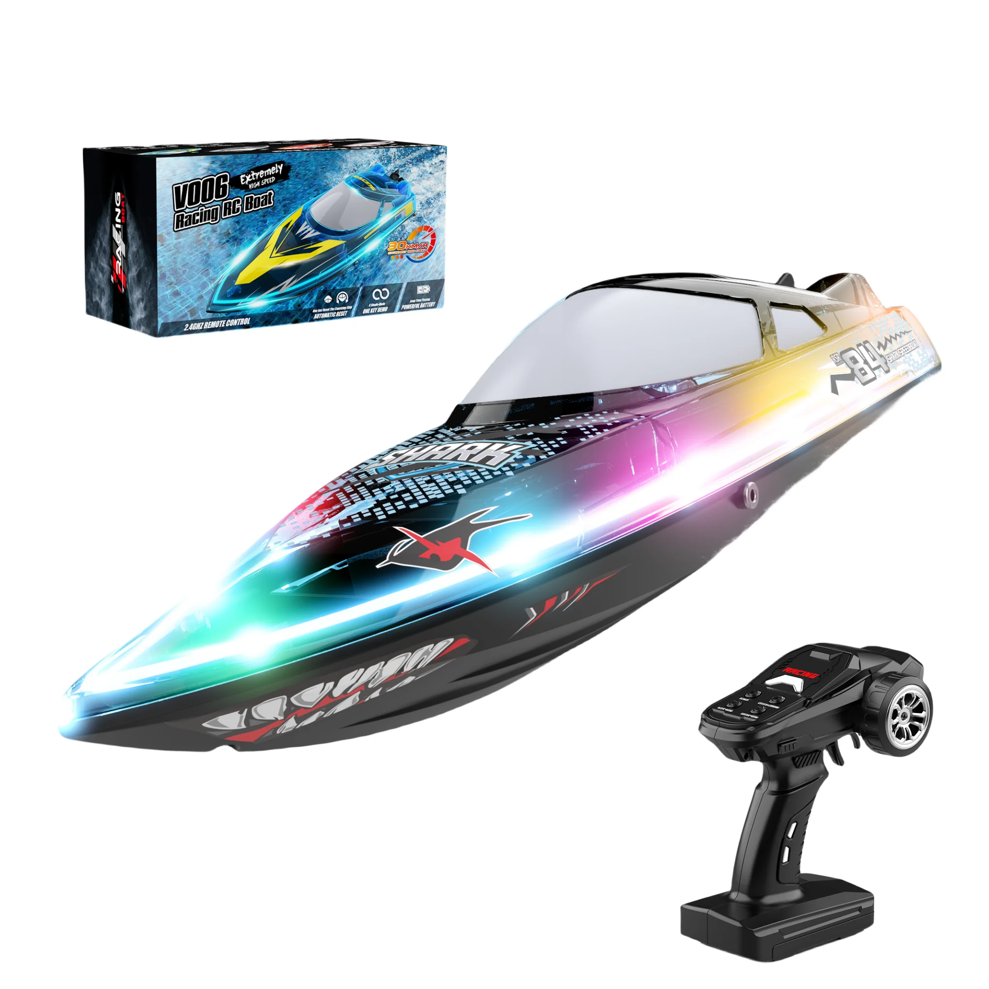 Flytec V006 30KM/H High Speed RC Speed Boat Toy Multi LED Light Water Cooling One Click Reset Demo Cruise Remote Control Boat