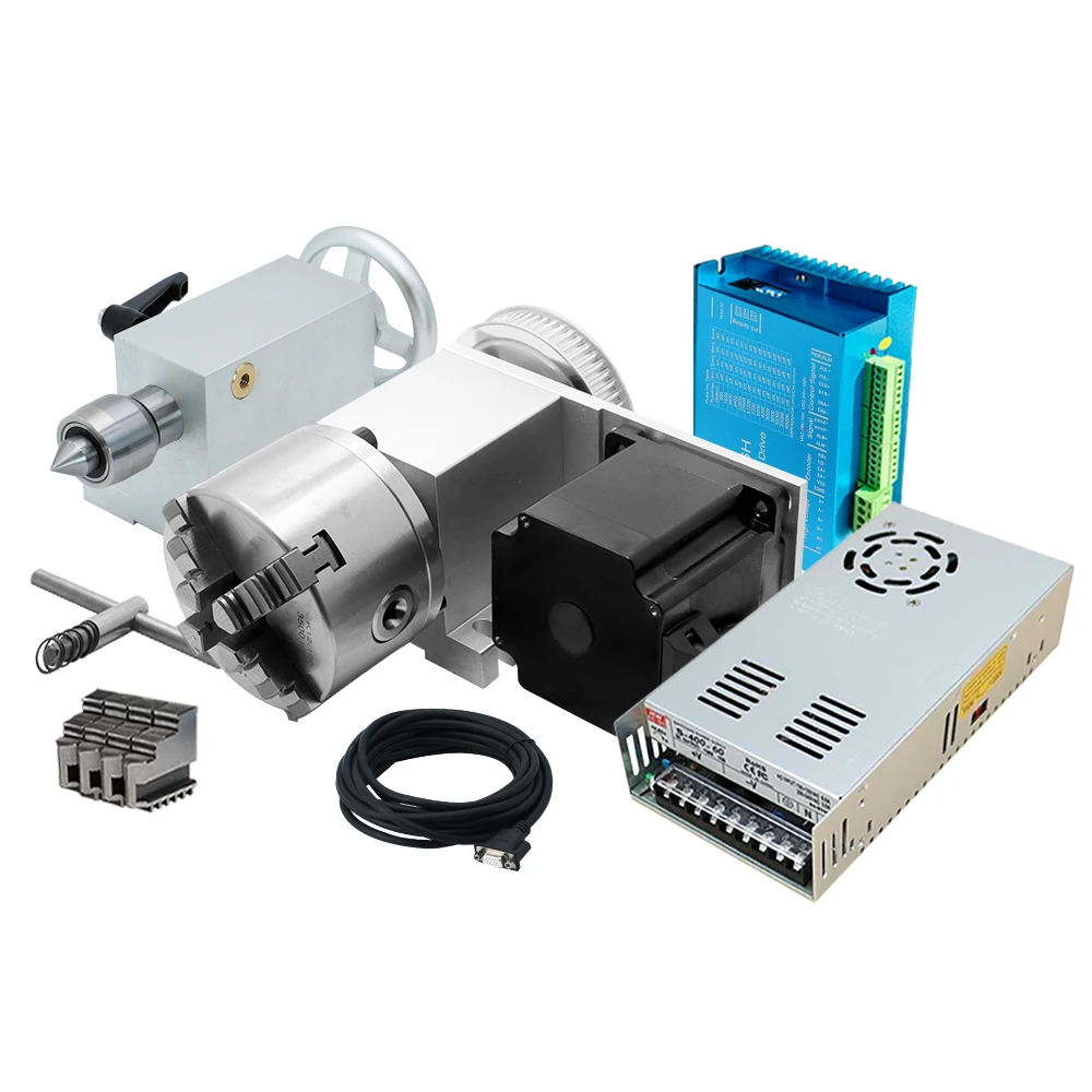 Precision 0.05mm 4:1 Lathe K12 100mm 4 Jaw Chuck 4th Axis CNC Rotary Table Dviding Head Lathe With Nema 34 Stepper Motor