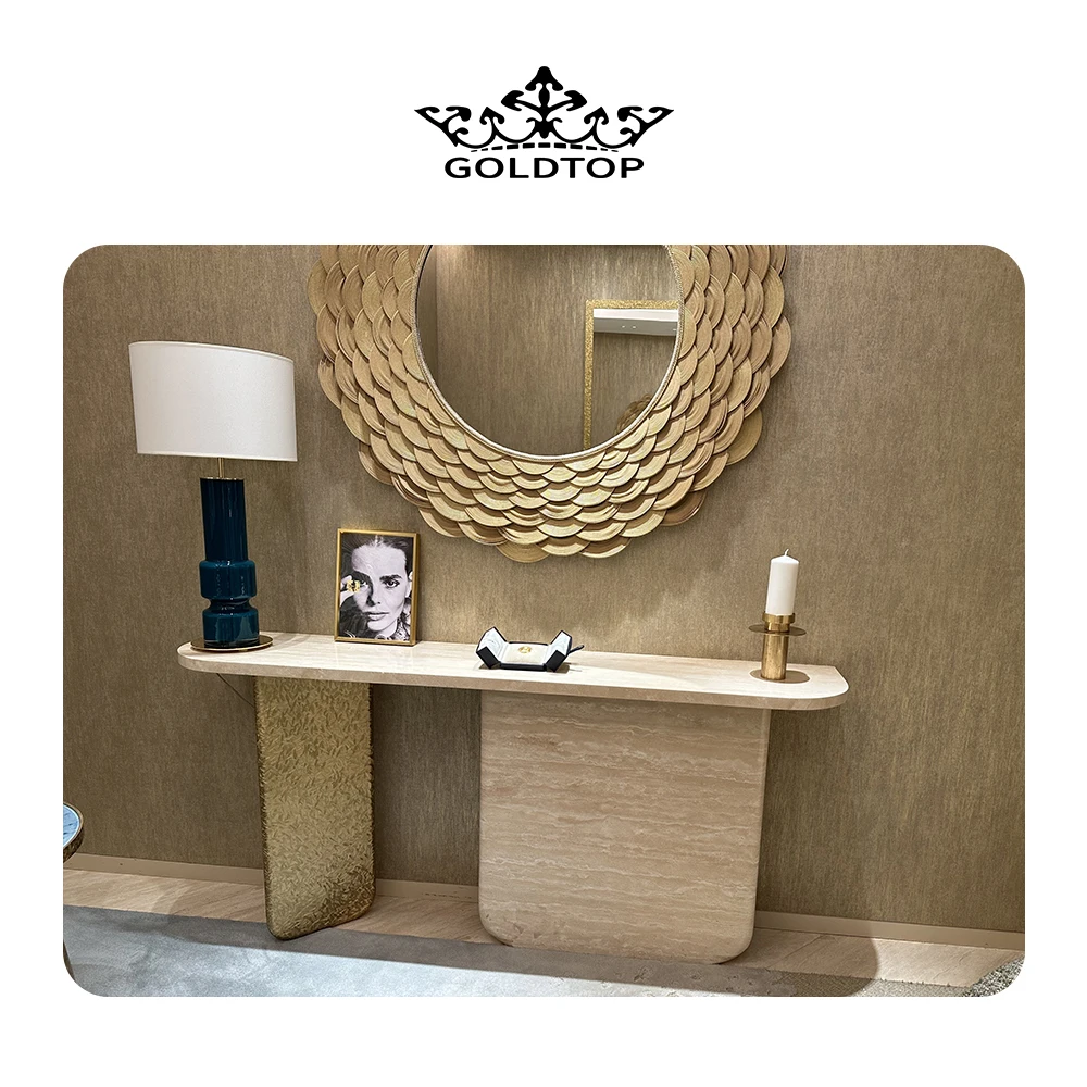 Goldtop OEM/ODM beige traverten factory side table top batch Turkey Roman travertine console table for luxury shop